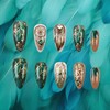 Green Feather Press on Nails 24Pcs Medium Almond Glossy Gold