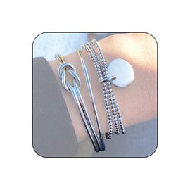 POYAMUSE Stackable Silver Bangle Bracelet Set for Women - Boho Jewelry, 3-Piece Bracelet Set - Adjustable Beaded and Open Bangle Bracelets - ReefKnot-3pcs