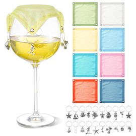 Mumufy 8 Set Wine Glass Covers with Wine Charms, 8 Weighted Breathable Portable Veils Covers to Keep Bugs out 40 Charms Rings for Restaurant Picnic Dinners Housewarming Gifts(Colorful,Ocean)