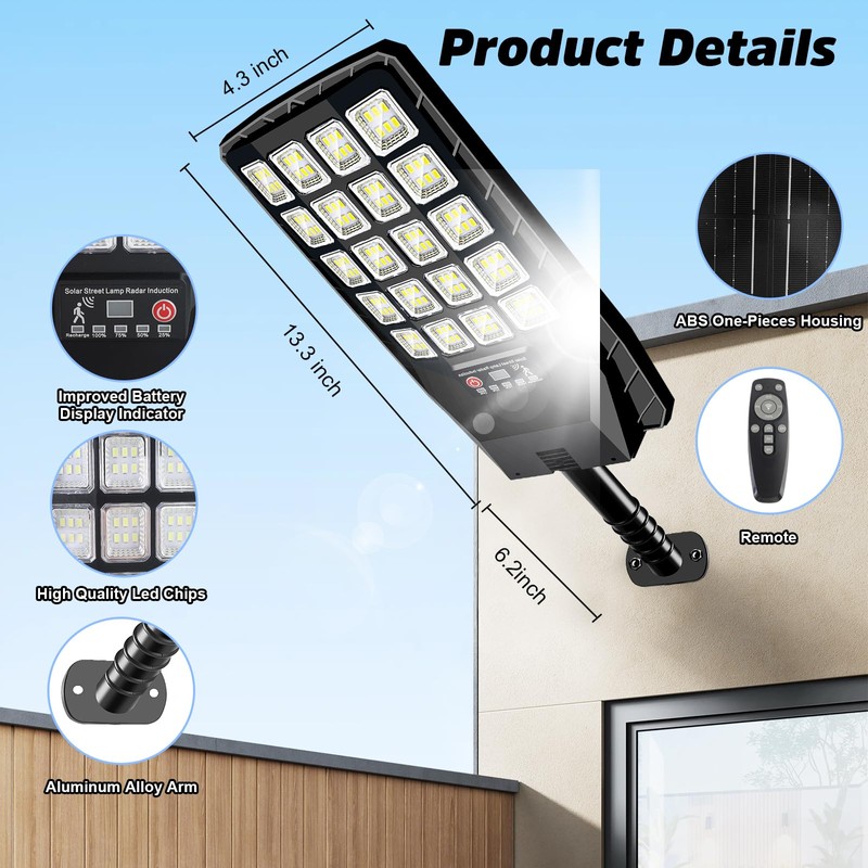 2 Pack Solar Street Lights Outdoor Waterproof - 6500K 20000LM