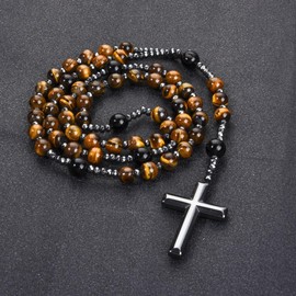 Men's Rosary Necklace - Tiger Eye & Black Obsidian Cross Pendant, Handmade Catholic Beaded Rosary for Men - Black Obsidian