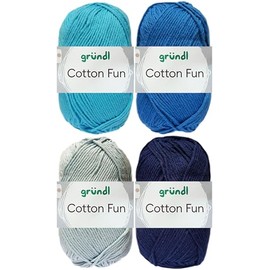 4 x 50 g Gründl Cotton Fun Crochet Yarn Made of 100% Cotton Including Instructions for Shopping Net, Colourful Mix Set (Set 6 (Blue Mix))