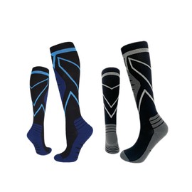 KICAS 2 Pairs Geometry Compression Socks for Women & Men(15-25mmHg), Performance Tall Socks, Best for Hockey, Running, Flight, Travel, Compression Arch Support (Black/Grey+Black/Blue, XXL)