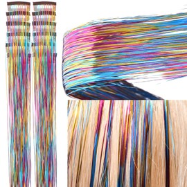 Clip in Hair Tinsel 12 Pcs Hair Tinsel Kit for Girls 22 Inch Glitter Fairy Hair Extensions Colorful Heat Resistant Party Festival Accessories for Women Kids(3- Colors)