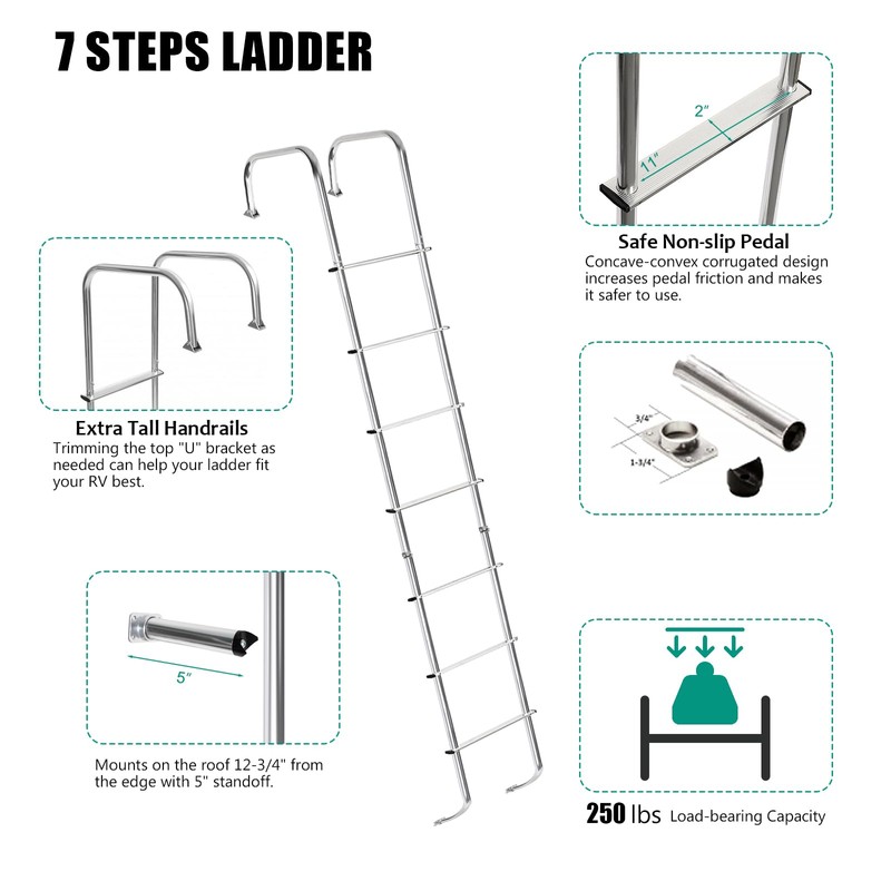 OUTPRIZE Universal Exterior RV Ladder, 7.6FT-8.4FT Aluminum Travel Trailer Ladder,