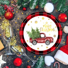 USUKUSI 100Pcs Christmas Paper Plates Rustic Truck Red Black Plaid Border Printed Round Disposable Plates for Christmas Holiday Dinner Birthday Party Supplies
