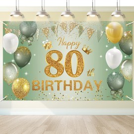 Moorle 80th Birthday Banner Decorations, Large Sage Green Gold Happy 80th Birthday Banner, 80th Birthday Backdrop Banner for Women Men, Shiny 80th Birthday Anniversary Photo Booth Background 180×110cm
