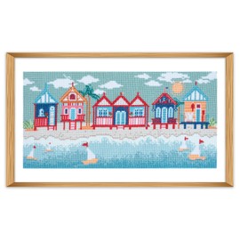 Trimits Large Cross Stitch Kits - Counted Embroidery Needlework for Adults Beginners Kids, Christmas Gifts Wall Art (Frame Not Included), 11 Count, Beach Huts