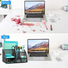 OKPOW Mesh Desk Organiser,Multi-Use Desk Tidy & Pen Holder with 6 storage and 1 Slide Drawer,Stationary Organiser for School,Home,Office desktop supplies (Black)