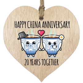 20th Wedding Anniversary Plaque Gift for Husband Wife - 20 Years Together - Happy China Anniversary Wooden Heart for Women Men Partner, Light Wood Sign Keepsake Gifts