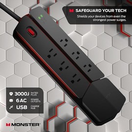 Monster Power Center Vertex Surge Protector de Picos con Tira de Alimentación Desmontable USB - 6 Salidas AC 2 Puertos USB-A y 1 Puerto USB-C