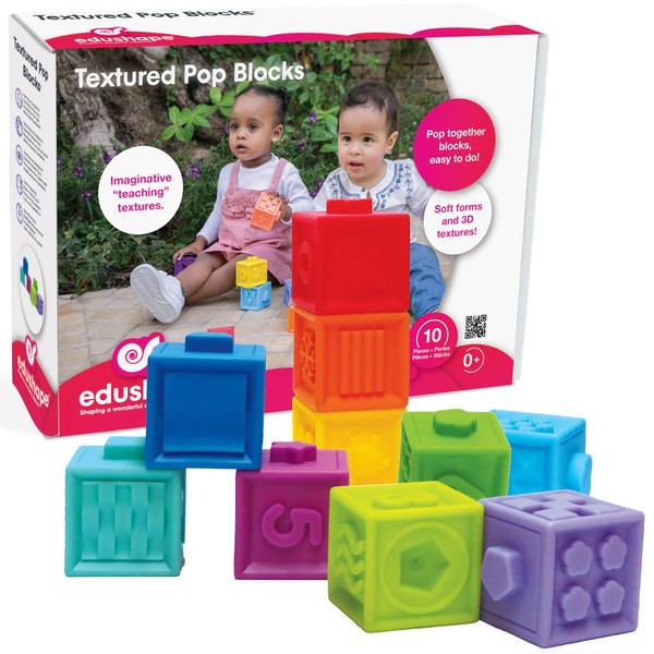 Edushape Mix & Match Textured Blocks - Set of 10 Stacking Blocks - Pop Blocks to Teach Numbers, Colors, Shapes - Construction Blocks for Babies and Toddlers for Sensory Play and Child Development