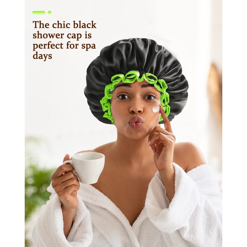 mikimini Black Shower Cap 1 Pack, Reusable, Double Layers Waterproof