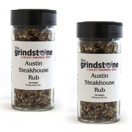 The Grindstone | Austin Steakhouse Rub | Non GMO | Hand Blended Spices | 1/2 Cup Size | 2.60 oz. Glass Bottle with Sifter | Pack of 2