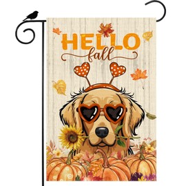 ZAEW Hello Fall Wood Watercolor Dog Sunflowers Pumpkins Maple Leaves Autumn Garden Flag Yard Flag 12x18 Inch Double Sided Small Mini Yard Outdoor Outside Farmhouse Holiday Decoration