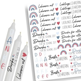A4 Kerzentattoos Abschied für Lehrerinnen | Kerzenfolie für Kerzen | Tattoo Folie | Wasserschiebefolie für Stabkerzen | Geschenk für Lehrerin Grundschule Schule | Regenbogen in Blau