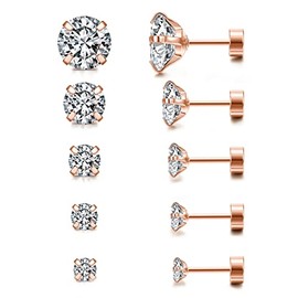 PiercingJak 5 Pairs Hypoallergenic Stud Earrings Set Round Clear Cubic Zirconia Stud Earrings 316L Stainless Steel Stud Earrings for Women Men Helix Cartilage Earrings 3-8mm