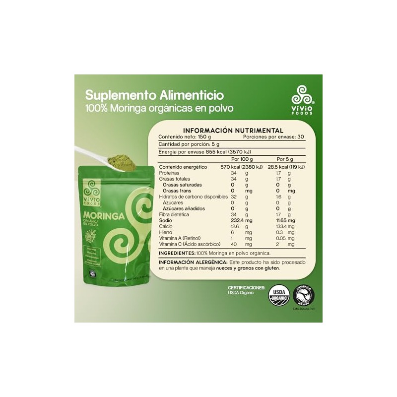 Vivio Foods, Moringa Orgánica En Polvo, 150 gramos