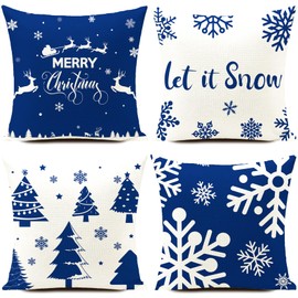 HUASHUZI Christmas Blue White Cushion Covers Xmas Christmas Decorations Throw Pillow Cover Set of 4 Christmas Decor for Party Family Home Sofa Bed Livingroom Office 18x18 Inch (45x45cm)