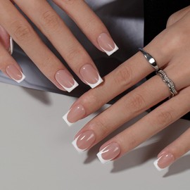 KQueenest Press on Nails Short French Tip - White Nails for Sticking, Short Medium Square, French Tip Fake Nails with Glue, Square False Nails Set for Women, 30 Pieces