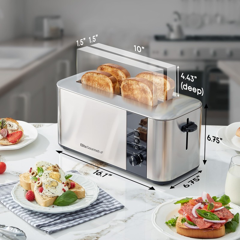 Elite Gourmet ECT3401 Long Slot 4 Slice Toaster, 1.5” Slot