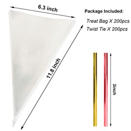 Morepack Cone Cellophane Bags,200 Pieces 6.3"x11.8" Cello Clear Cone Shaped Treat Bags with Twist Ties, Plastic Cone Bags Triangle Bags for Popcorn Favor Candy