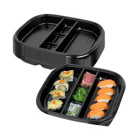 Restaurantware-Bento Tek 50.7 Ounce Meal Prep Containers, 100 Disposable To Go Food Boxes - Lids Sold Separately, 5 Compartments, Black Plastic Bento Lunch Boxes, Freezable, For Take Out