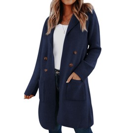 KIRUNDO Cardigan Sweaters for Women 2024 Fall Fashion Open Front Warm Thick Long Winter Coats Jackets Decorative Buttons(Navy, Large)