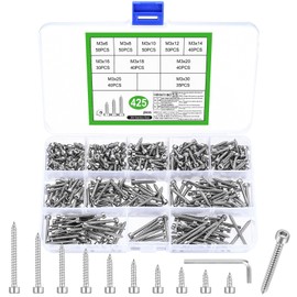 Pack of 425 M3 self-tapping screws, stainless steel wood screws, hexagon socket screws, cylinder head screws for wood and metal
