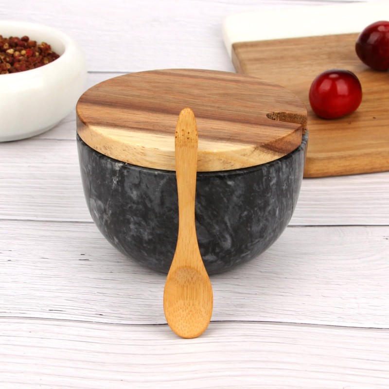 Marble Salt Cellar Box with Wood Lid & Spoon, Modern
