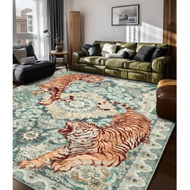 chakme Tiger Green Washable Area Rugs 6’x9’, Soft Bedroom Rug for Living Room Ultra-Thin Non Slip Dining Room Rug, for Nursery, Classroom, Playroom, Bedroom (Green, 6x9FT)
