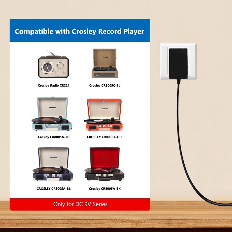 Replacement Adapter for Crosley Record Player, 9V Power Supply for