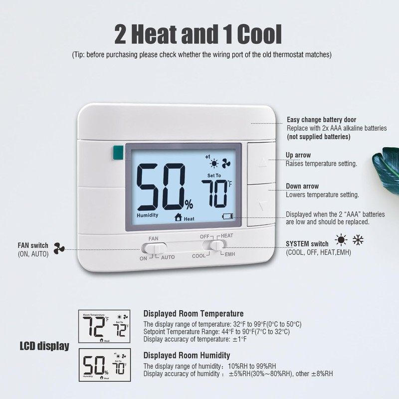 Aowel 2 Heat/ 1 Cool Non-Programmable Thermostat for Home Heat
