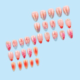 Summer Press on Nails Short Almond Fake Nails Summer Glue on Nails with Starfish Rhinestone 3D Resin Scallop Design Acrylic Press On Nails Gel False Nails Kit Full Cover Almond nails for Women 24PCS