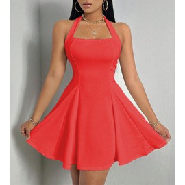 Women's Summer Beach Dresses Sleeveless Halter Backless Flared Short Mini Dress for Party Vacation Honeymoon Beachwear Red Large