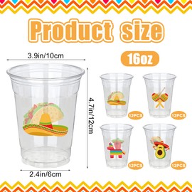 50 Pcs Mexican Fiesta Plastic Cups 16 oz Mexican Party Cups Cinco De Mayo Disposable Cup Clear Drinking Cup Bulk for Taco Birthday Hispanic Heritage Month Party Supplies