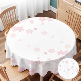 Yibeas Beautiful Sakura Tablecloth Round Table Cloth Japan Small Pink Flowers with Falling Pink Leaves Table Cover for Dining Room Kitchen Decoration 60inch