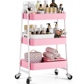 KINGRACK 3 Tier Metal Utility Rolling Cart, Rolling Storage Cart, Craft Art Cart with Handle and Locking Wheels & 2 Hanging Baskets 4 Hooks for Bathroom, Bedroom (Pure Pink)