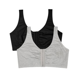 Fruit of the Loom womens Front Closure Cotton Sports Bra, Black Hue/Gheather Grey 2-pack, 40 US