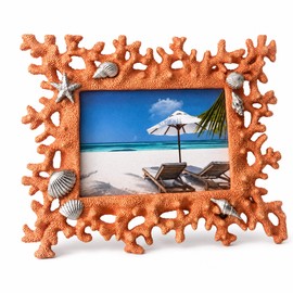 4x6 Coral Shell Picture Frame, Orange Resin Beach Decor