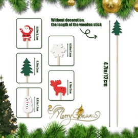 100pcs Christmas Cocktail Picks, Wooden Xmas Tree Santa Snowman Snowflake Elk Cocktail Sticks Decorative Fancy Cocktail Toothpicks for Fruit Dessert Appetizers Party Supplies