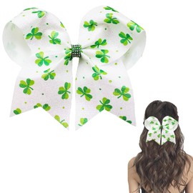 WRBAJIS St. Patrick's Day Bow Hair Clips Glitter Shamrock Cheer Bows Hair Barrettes with Rhinestone Design Lucky Clover Hair Pins Big Bows Hair Accessories for Women Girls Irish Party Favors