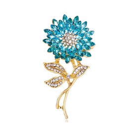 Elegant Sunflower Rhinestone Flower Brooch for Women Gold-Toned Crystal Leaf Daisy Blossom Brooches Lapel Pins Dainty Dress Accessories Wedding Valentine Jewelry (Blue)