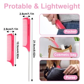 2Pcs Retractable Rat Tail Comb for Parting,Protable Fine Tooth Teasing Comb for Styling,Long Steel Pin Rat Tail Comb for Women Girls Hair Styling(Pink+White)