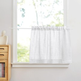 PONY DANCE Window Curtains, Short Curtains, Living Room, Bistro Curtain, Kitchen Curtain, White, Semi-Transparent Decoration, Linen Look Curtain with Rod Pull-Out, Set of 1, W 90 x H cm