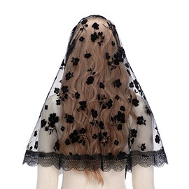 Mantveil Chapel Veils for Church Catholic: Traditional Black Vintage Inspired D Shape Floral Lace Mantilla Veil Latin Mass Head Covering