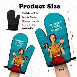 Funny Vintage Lady Cooking and Baking BBQ Kitchen Gadgets with Heat Resistant Silicone Non-Slip, You Want a Piece of This Oven Mitts Set of 2, Gifts for Bake Lover Mom Wife Aunt Sister BFF