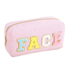 Preppy Patch Makeup Bag,Travel Cosmetic Bags Corduroy Portable Waterproof Toiletry Storage Case with Chenille Letter Zipper Daily Use Pouch for Women,Pink Face