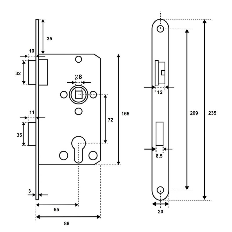 BMH Mortice Lock Class 3 for Room Doors (Cylinder Profile)