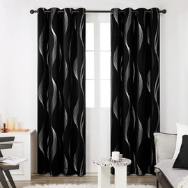 Deconovo Black Curtains Blackout 46 x 54 Drop Wave Line Foil Printed Thermal Insulated Super Soft Window Treatment Eyelet Curtains for Bedroom 46 x 54 Inch Black Two Panels